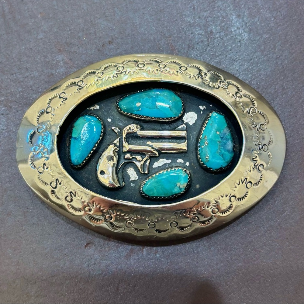 Authentic Turquoise and Sterling Silver Pistol Belt Buckle.